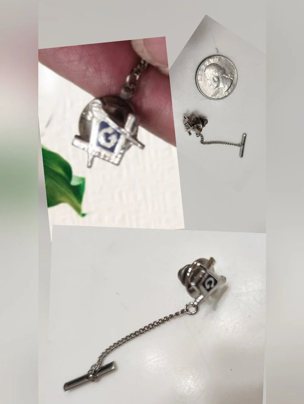 Vintage Silver Tone Masonic Tie Tack Blue Enamel Square Compass G Chain Pin